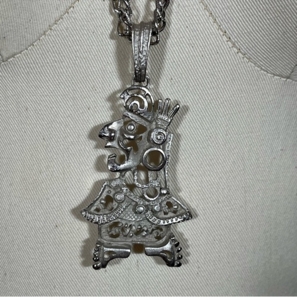 Vintage 60 70 MCM Maximalist
Oversized Aztec Inca Silver Long Mod
Necklace